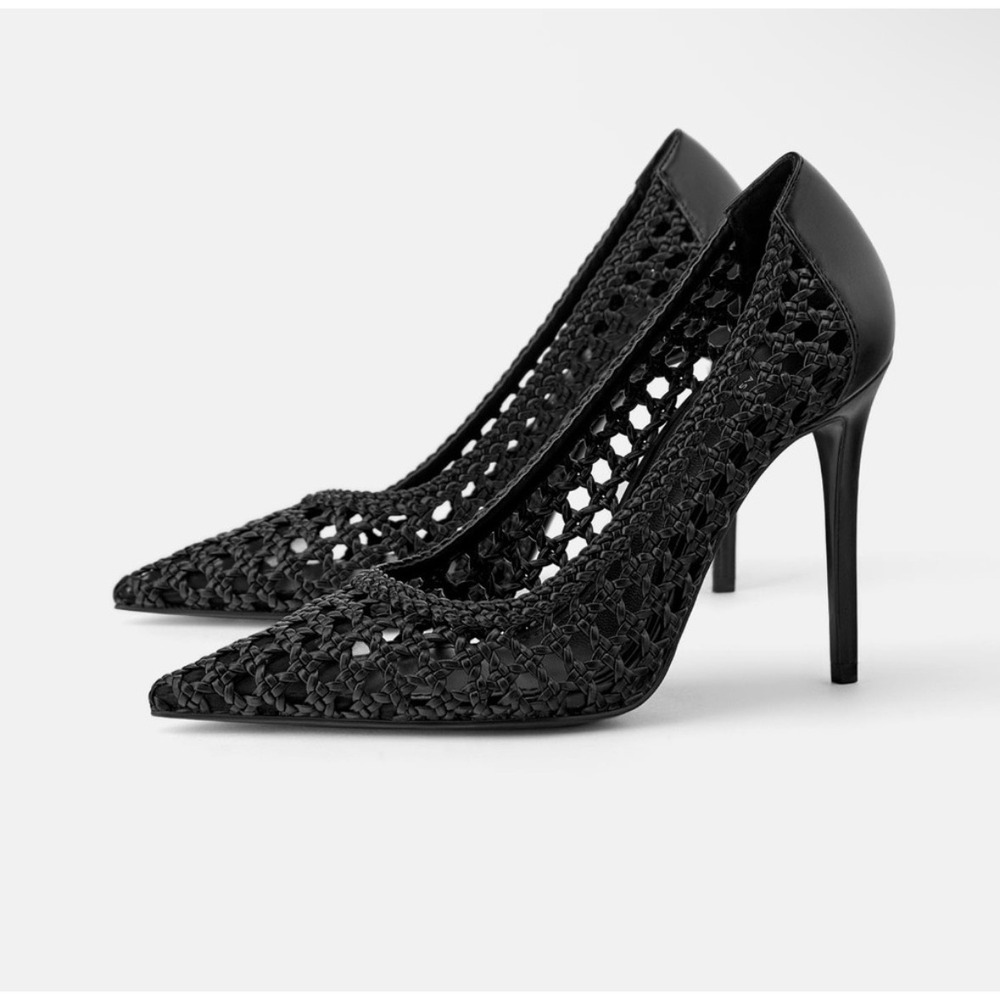 Zara Basic Black Woven Lattice Pointed Toe Stiletto Pumps Heels Sz 39 US 8
